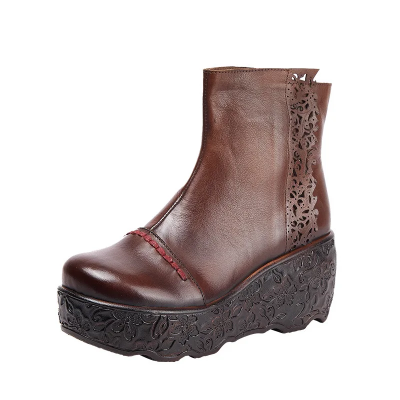 

autumn and winter thick leather boots top layer leather short tube hollow carved wedge with women's boots boots women