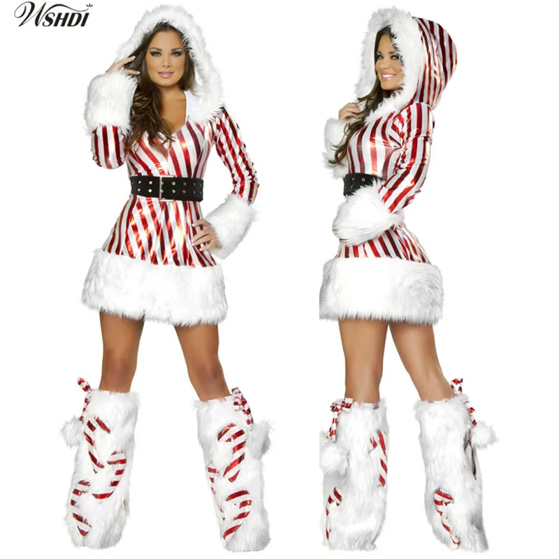 Sexy Striped Long Sleeve Santa Claus Uniform Cosplay Adults Ladies Xmas ...
