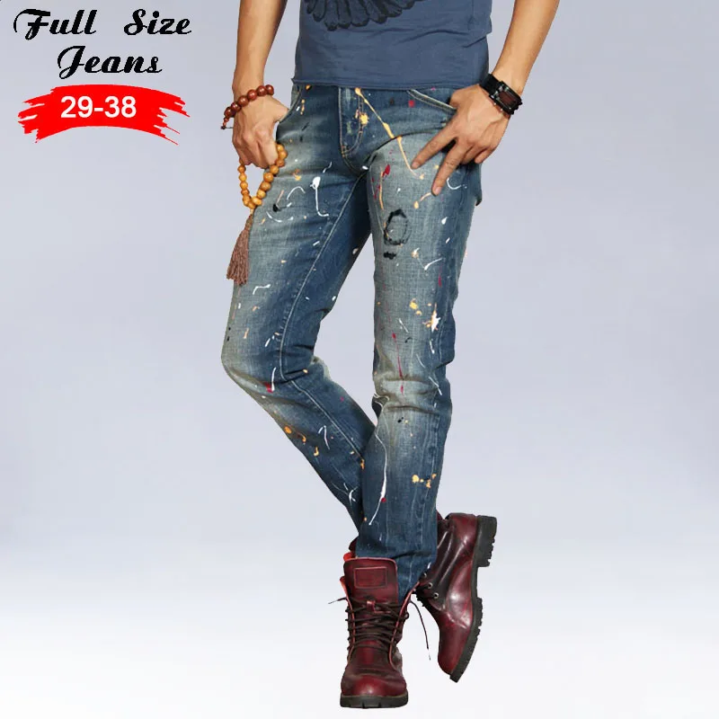 

Spring Europe Style Young Men Plus Size Painting Print Jeans Fashion Trend Slipper Slim Straight Trousers