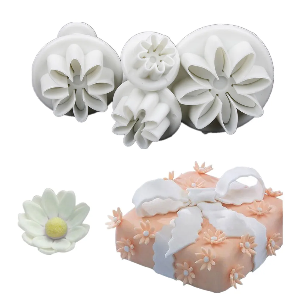 

LINSBAYWU 4Pcs/Set Daisy Flower Cookie Sunflower Plunger Cutter Sugarcraft Fondant Cake Tool Christmas Cake Decorating Tools