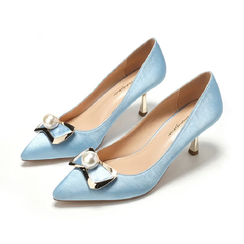 

2018 autumn new Korean pointed stiletto heels simple pearl shallow mouth temperament single shoes fashion bow women shoes
