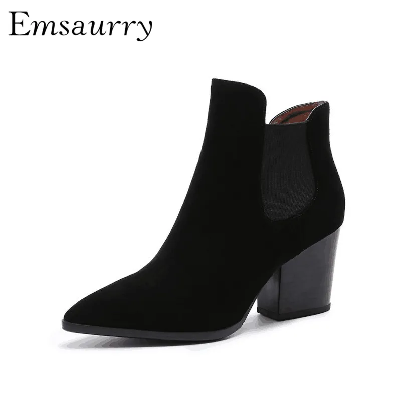 

Quality Suede Ankle Boots Women Black Geniune Leather Chunky Heel Point Toe Autumn Winter Runway Botas Mujer