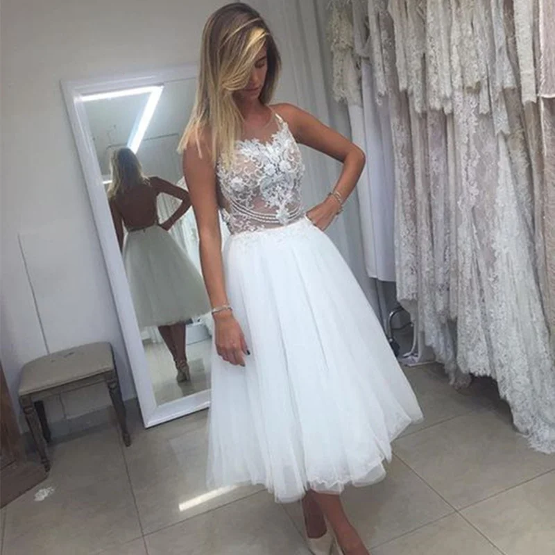 

Sexy Backless Bridal Gowns 2018Short A Line White Wedding Dresses Tea-length Vestido Branco Lace Pearls Wedding Gowns