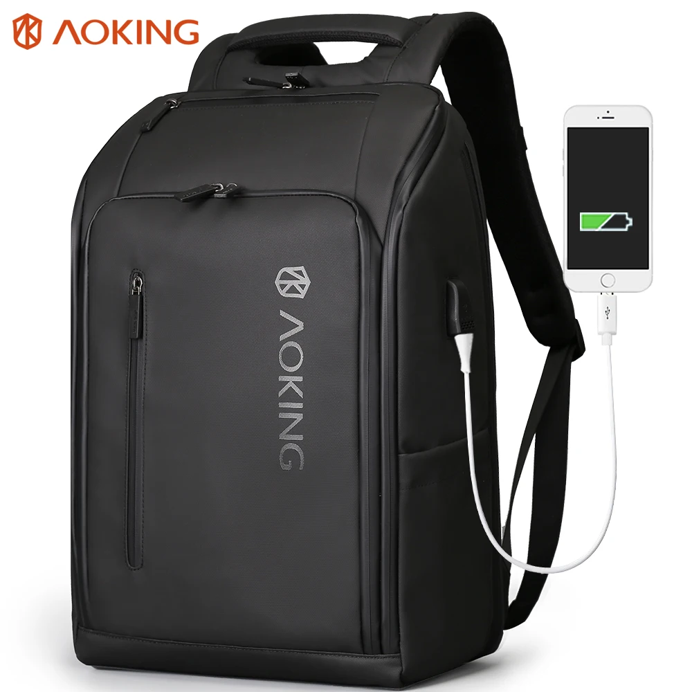 Aoking Waterproof Backpack Laptop College Leather Backpacks Men Anti Theft Backpack USB Port for School Rucksack Travel Bagpack