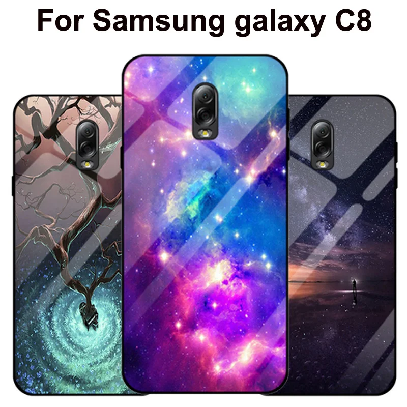 

Case For Samsung galaxy C8 C 8 C7100 C7108 phone case Starry sky tempered Glass + TPU Edge Slim Thin Hard Cover SM-7100 shell