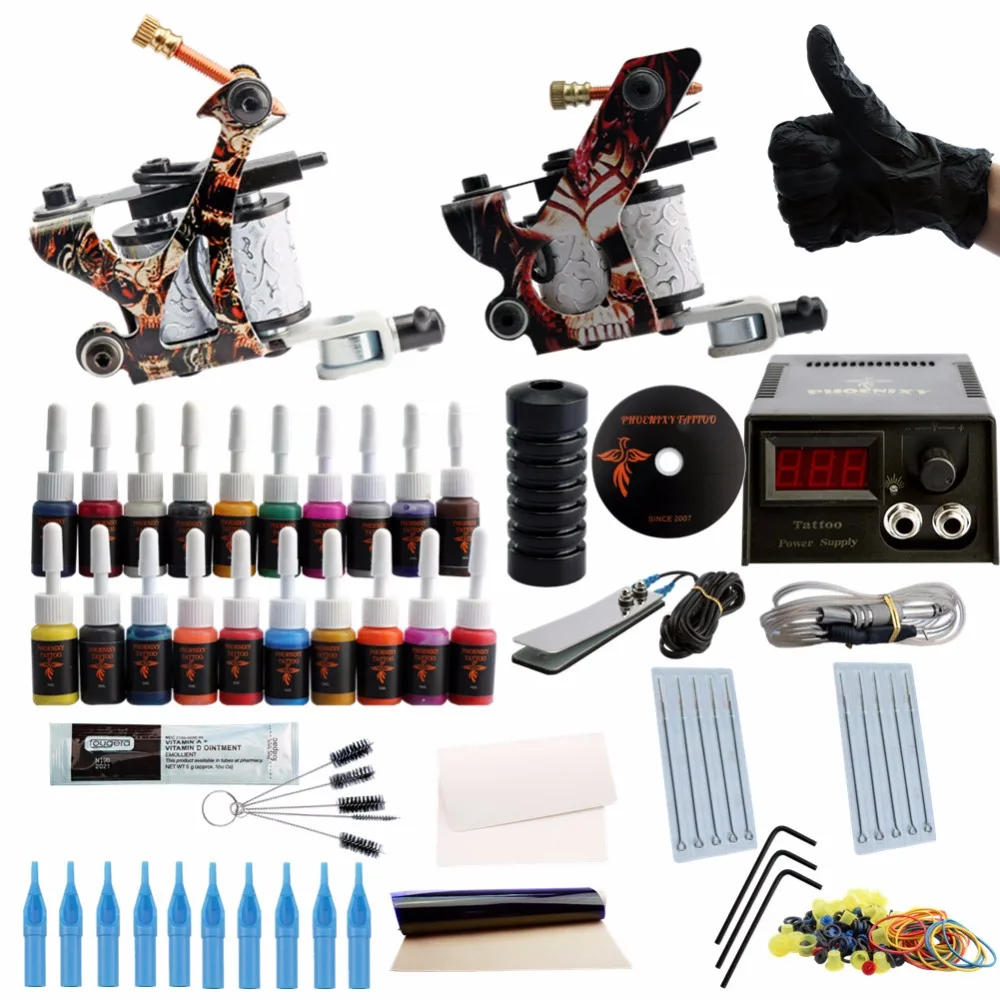 

Complete Tattoo Machine Kit Set 2 Coils Guns 20 Colors Black Pigment Sets LCD Power Supply Body Art Permanent Makeup Tattoo Kits