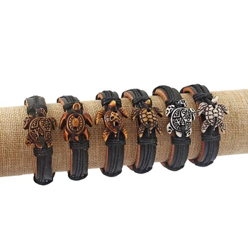 

Wholesales 6pcs Faux Yark Bone Mens Mixed White/Brown Tribal Sea Surfer Turtle Charms Leather Bracelet