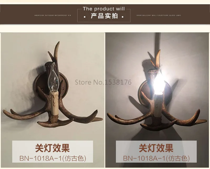 Rustic Retro Resin Antler Wall Sconce 2 Light Fixtures Lamp American Country Wall Light Deer Horn candle Lampshade 110-240V-7
