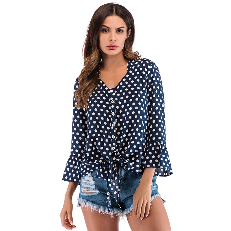 

Plus Size Women Tops and Blouse Sexy V-neck Autumn Long Sleeve Short Polka Dot Blouse Large Size Cotton Tunic Women Shirts
