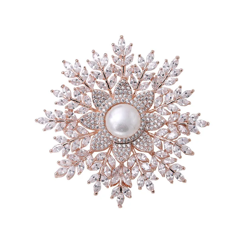 

Luxury Snowflake Imitated Pearl Pave Crystal CZ Brooches Pins for Women Large Sweater's Pins and Brooches Christmas Gifts X017