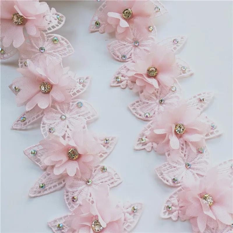 1 метр 7 см Розовый Белый 3D цветок кружевной край отделка Лента Алмазная ткань вышитая аппликация шитье ремесло свадебное платье одежда сделай сам - Цвет: Розовый