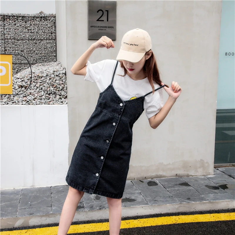 

high quality summer new Korean High waist Pure color Loose Vintage denim Girls A-Line Fashion wild Sling dress with pockets