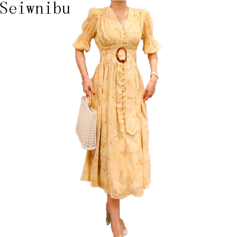 Весеннее женское городское шифоновое свободное Плиссированное Платье с принтом, модное праздничное платье с рукавами-фонариками длиной до середины икры с поясом