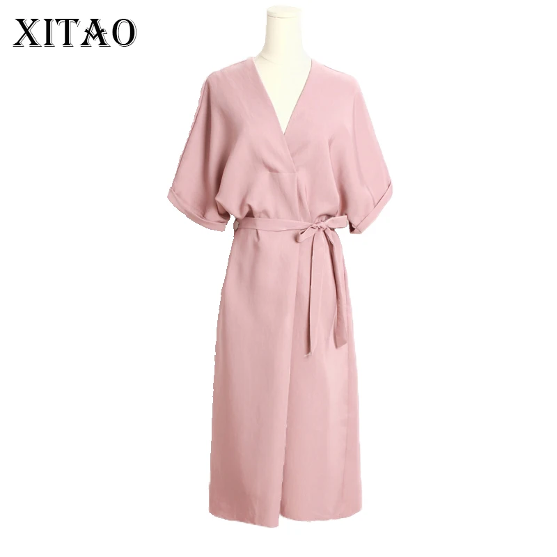 

[XITAO] 2019 New Europe Summer Fashion Brief Women Solid Color Oversize Half Sleeve Mid-Calf V-Neck Sashes Loose Dress CXB365