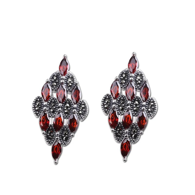 Тайские серебряные серьги, Настоящее серебро 925 пробы, ювелирное изделие, инкрустация природным камнем, женские серьги из натурального граната красного цвета