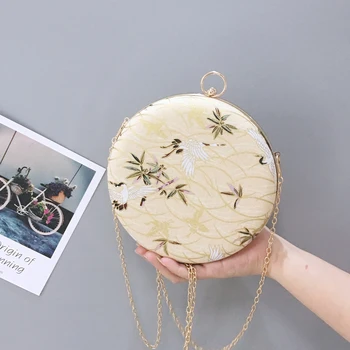 

Chinese Style Embroidery Red-crowned Crane Circular Bag Yellow Bird Embroidery Round Clutches Party Bag Retro Women Wristlet Bag