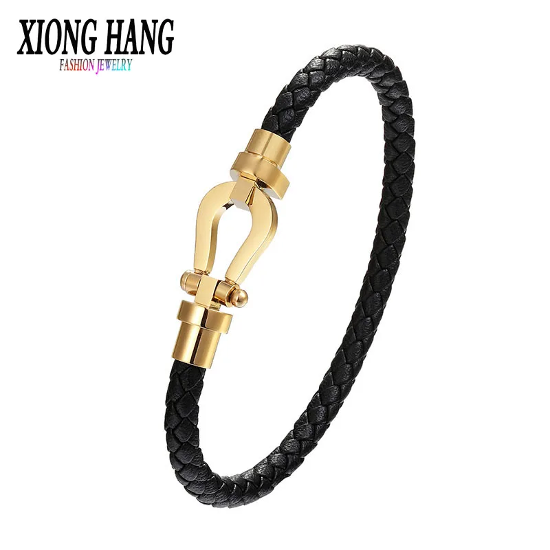 

Xionghang 2018 Latest Men Jewelry Punk Black Braided Geunine Leather Bracelet Stainless Steel Magnetic Buckle Fashion Bangles