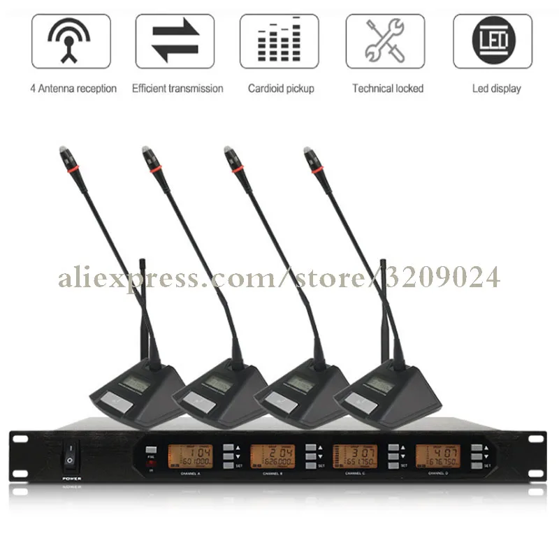 

UHF 4 Channel Conference Wireless Microphone Mic System 4 Gooseneck Adjustable Frequency Mic Microfone System