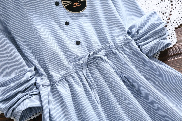 MSSNNG 2018 Spring Autumn Women Cat embroidery Dress Casual Trun-down Neck Long Sleeve Elastic Waist Dresses Dropshipping (8)