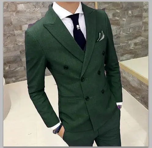 Latest Coat Pant Designs Green Double Breasted Men Suit Slim Fit Business Tuxedo Prom Blazer 