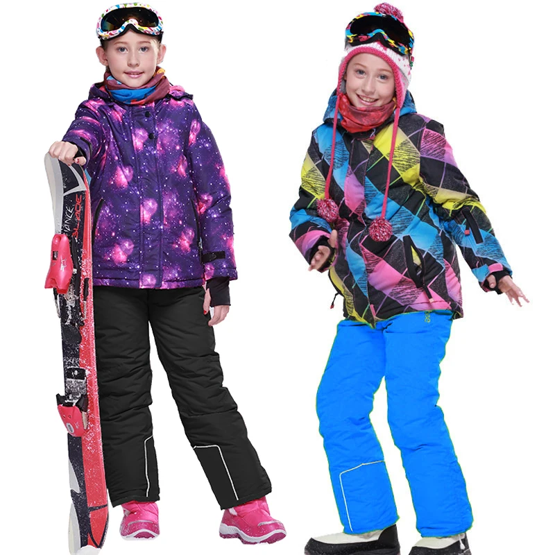 

2019 Winter Girls Ski Suits Fleece Hooded Jacket Overalls Kids Clothing Sets Outdoor Sports Waterproof Children Snow Clothes