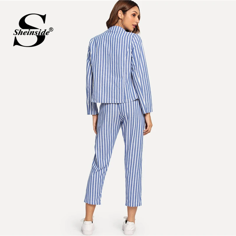 Sheinside مزدوجة زر حقق طوق سترة مع فستان أطفال مع سروال داخلي النساء 2019 الربيع أنيقة مخطط طباعة السترة عمال 2 قطعة مجموعة