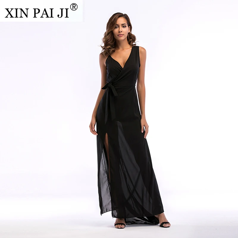 

Summer Chiffon Long Dress Women Sexy Deep V-Neck Lacing Spaghetti Strap Sleeveless Casual Party Split Dresses