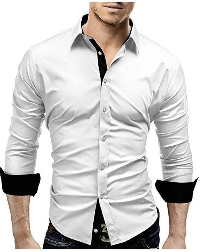 Высококачественная Мужская рубашка, мужские рубашки с длинным рукавом, повседневные хитовые цветные облегающие черные мужские Рубашки 4XL - Цвет: White