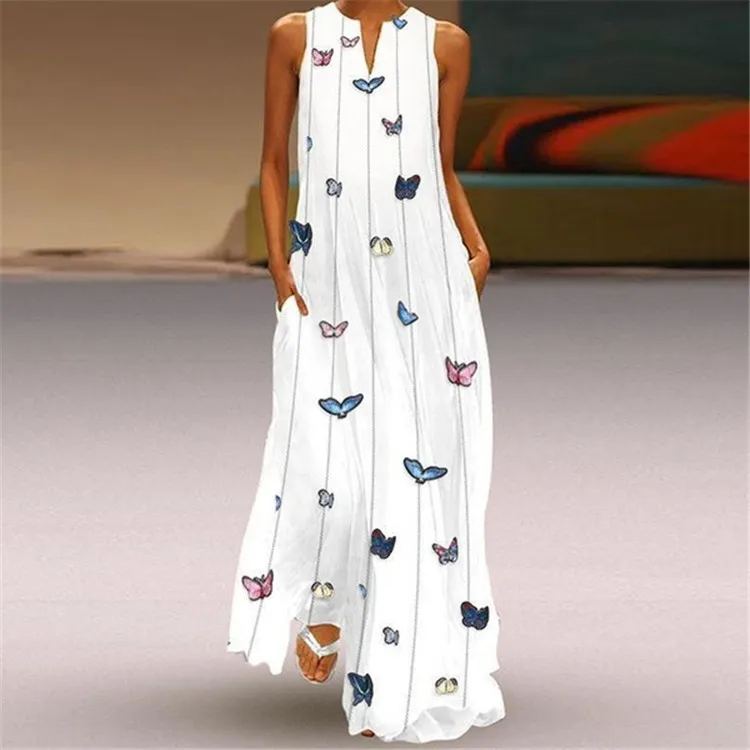 2019 Summer Women Butterfly Print Print Loose Maxi Dresses Fashion V-neck Catwalk Party Dress Ladies Sleeveless Long Dress