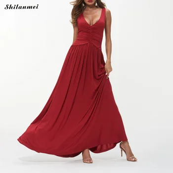 

Elegant Dress Solid Black Red Beach Sexy Summer Dresses 2019 Women Deep V Neck Evening Party Long Dresses Female Vestidos
