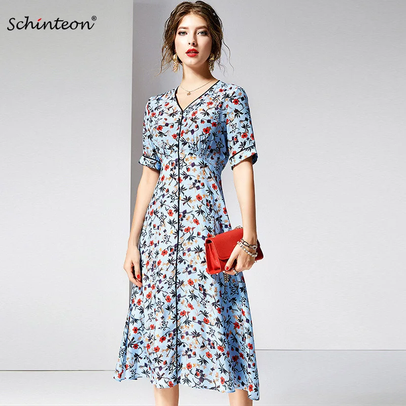

2019 Schinteon New Arrival Summer Real Silk Dress V-Neck Elegant Slim Print Dress with Lining Blue Fashion
