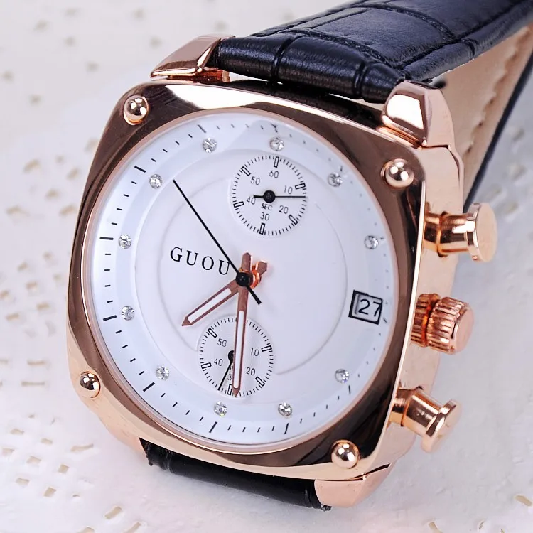 Модные GUOU женские часы с календарем, женские Роскошные наручные часы из натуральной кожи, нарядные часы, 5 квадратных часов, часы-браслет - Цвет: Черный