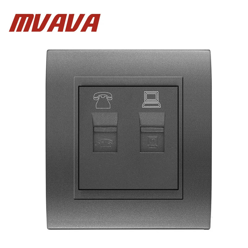 

New Arrival MVAVA Telephone and Computer Socket Wall Socket TEL & PC Outlet Gray color fireproof PC material panel