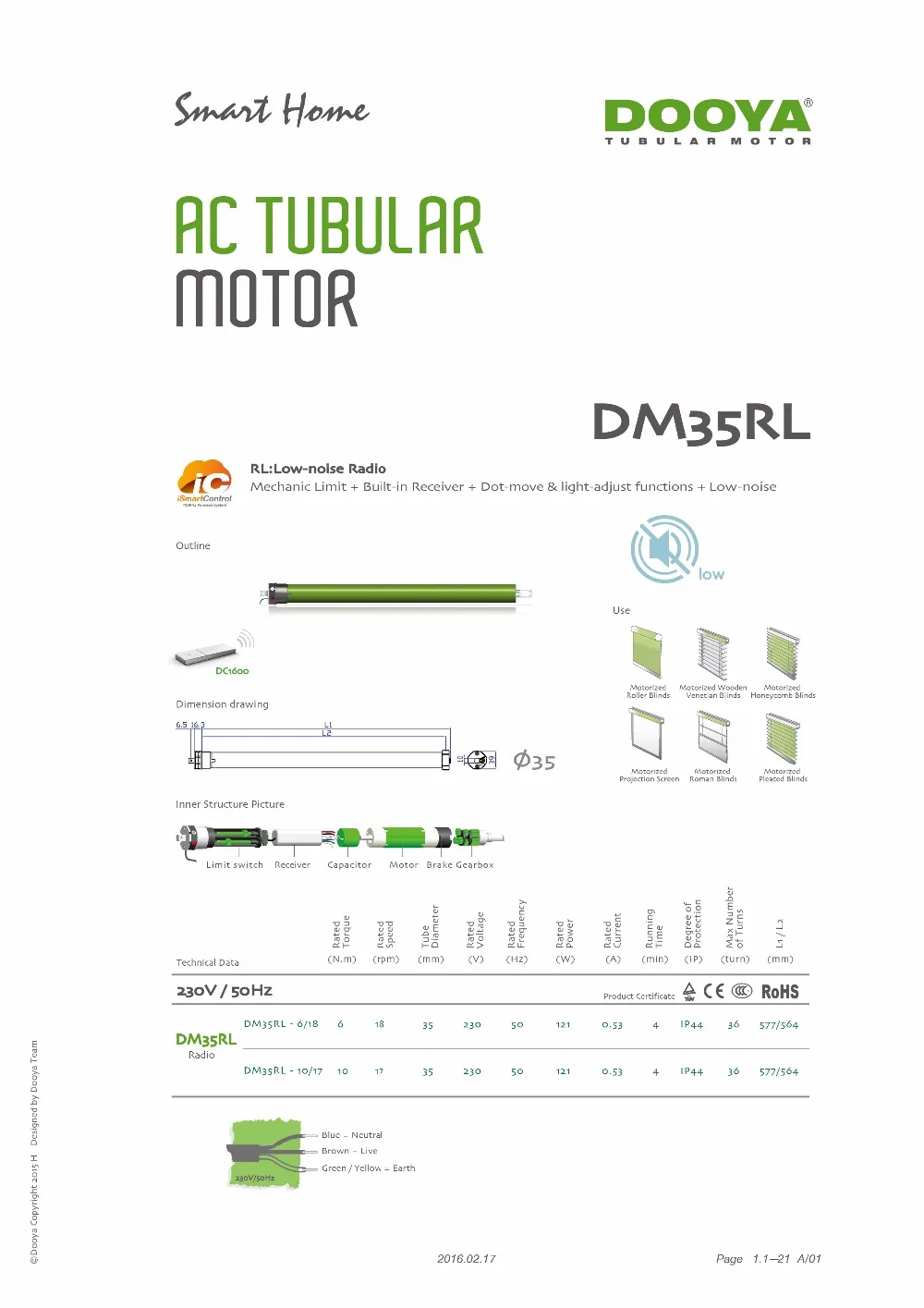 Dooya трубчатый двигатель DM35R DM35RL DM35EW с одним каналом/15 каналом, 50 мм трубка