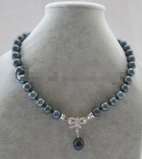 

0001327 11-12mm natural black round freshwater pearl necklace-13mm drip shell pearl pendant