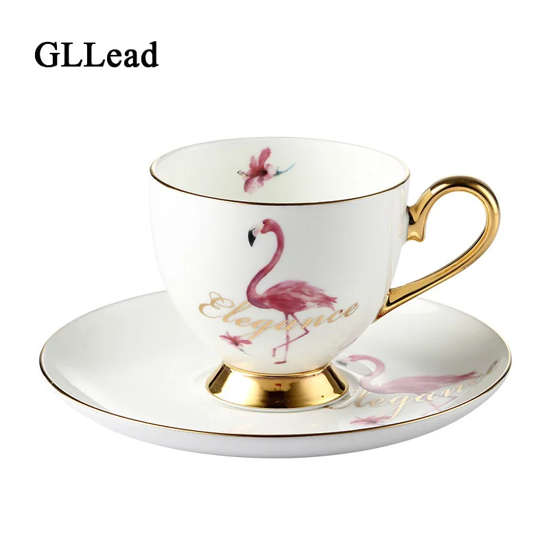 

GLLead Creative Ceramic Flamingo Coffee Cup And Saucer Set Bone China Tea Cups Office Teacup Porcelain Fashion Gift