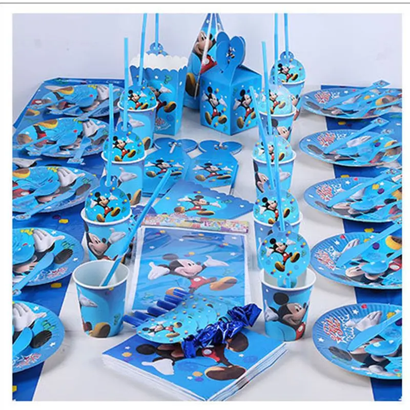 

Mickey Mouse Kids Birthday Party Set Decoration Party Supplies Paper Cup Plate Napkin Banner/Flag Hat Straw Candy/Popcorn box