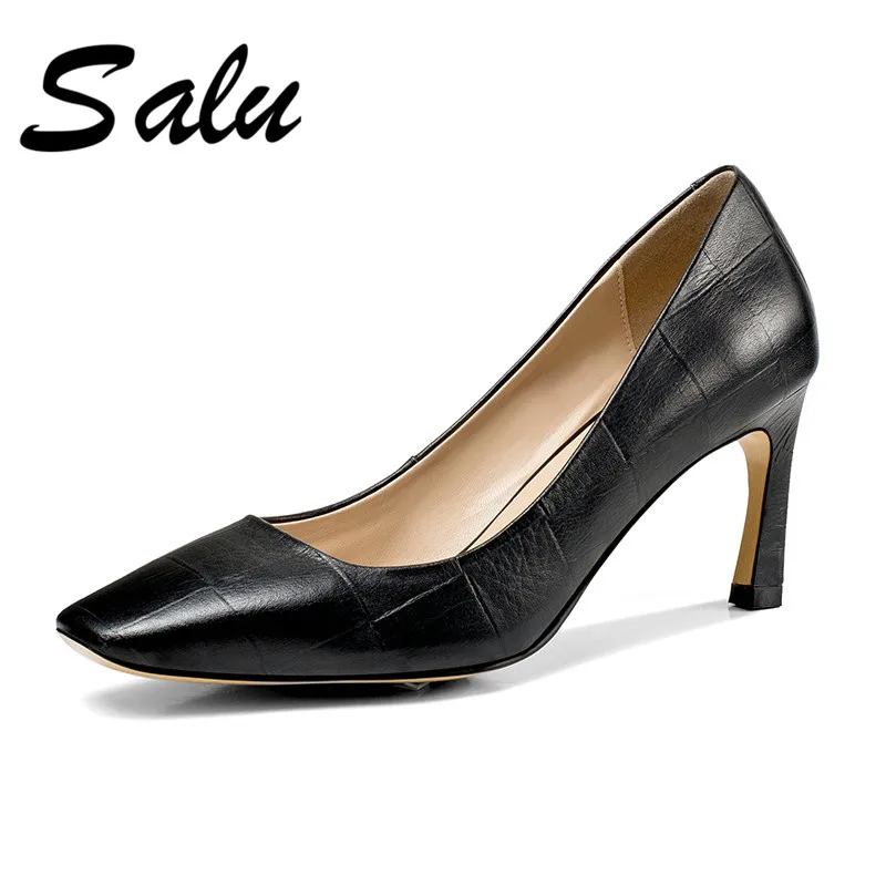 

Salu 2019 new High Heel Quality Genuine Leather Shoes Women Summer black Color Causal Party Sexy Pump Pointed toe