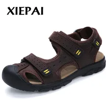 Мужские сандалии из натуральной кожи; повседневные лоферы; большие размеры 38-48; Качественная брендовая модная мужская летняя пляжная обувь; цвет коричневый, хаки