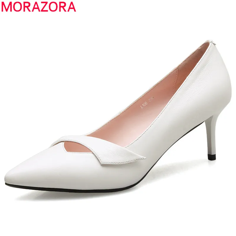 

MORAZORA 2018 genuine leather ladies shoes pointed toe shallow pumps women shoes elegant party wedding shoes high heels shoes