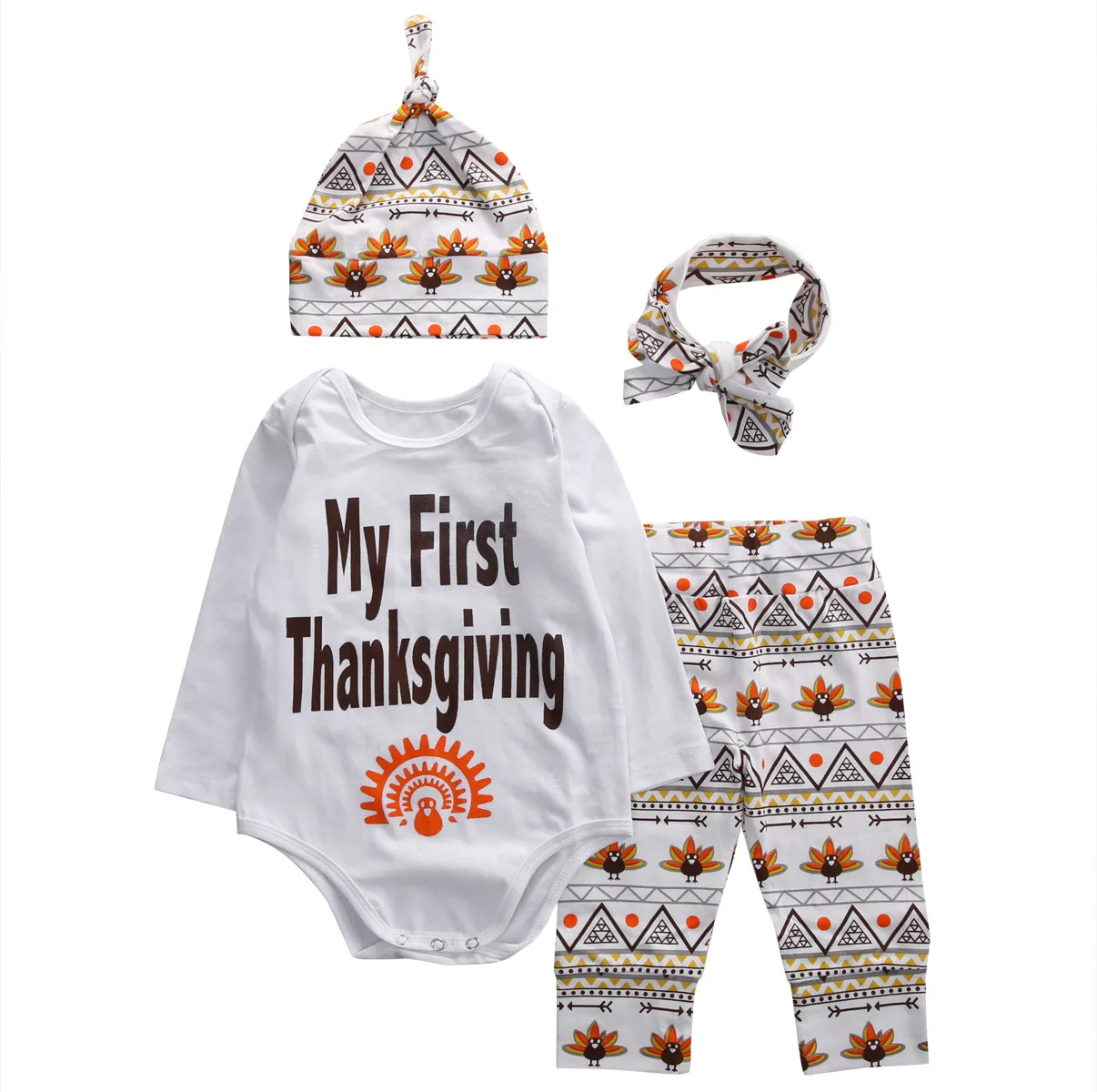 

Thanksgiving Newborn Infant Kids Baby Boy Clothes Letter Long Sleeve Romper Tops+Floral Pants+hat Headband Baby 4pcs Outfits Set