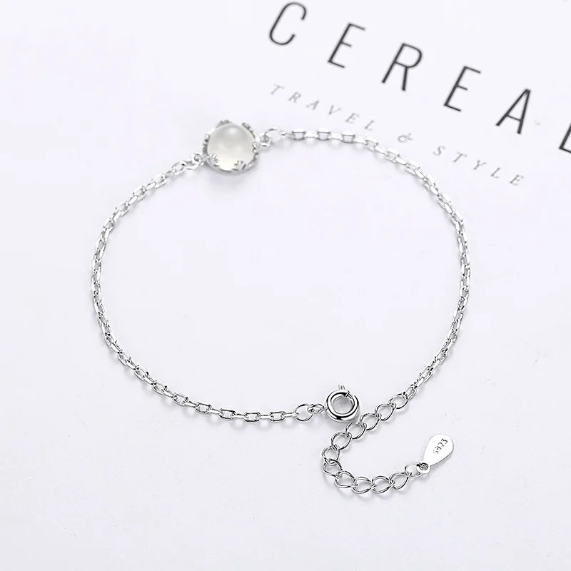 Настоящий чистый 925 пробы серебряный с лунным камнем браслет Femme Argent Chain Braslet женский натуральный камень ювелирные изделия Женская повязка SB022