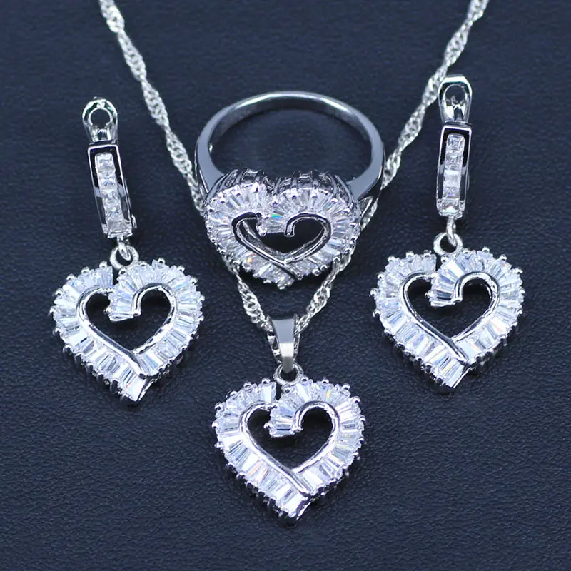 

Romantic Jewelry Sets For Wedding White Cubic zirconia silver color jewelry sets for women hoop /Drop earrings Pendant Rings