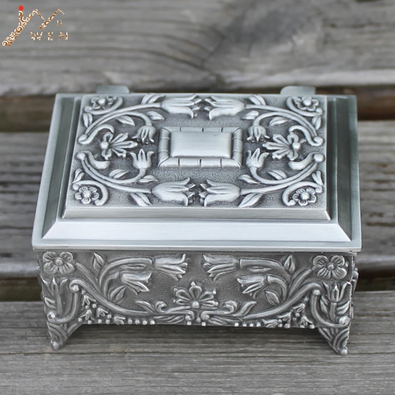 Pewter plated flower engraved metal jewellery box, zinc alloy trinket