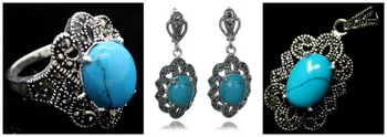 

free shipping Blue fine stone 925 Sterling Silver Marcasite Ring (#7-10) pendant and earrings sets 06