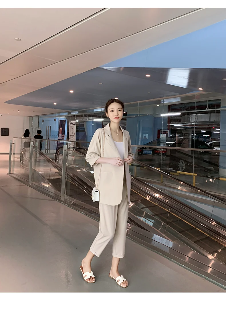 YASUGUOJI, новинка 2019, модный Блейзер три четверти с эластичной резинкой на талии, женские осенние костюмы, офисные комплекты