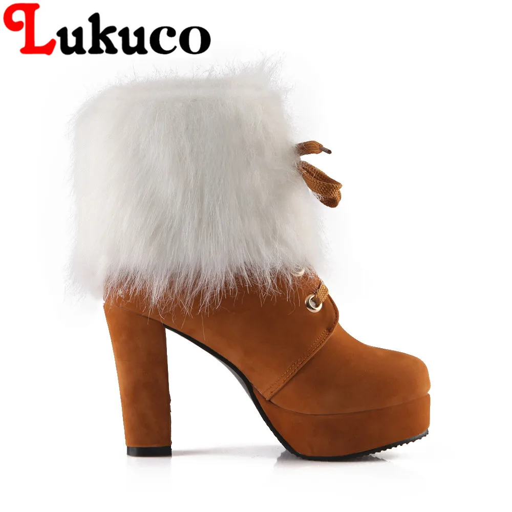 

Lukuco faux fur design PU made super high spike heel lace-up women mid-calf boots with platform