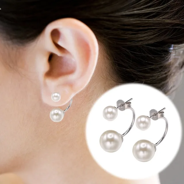 2016 Double Side Imitation White Pearl Earrings For Women Silver 2016 Double Side Imitation White Pearl Earrings For Women Silver Plated Front Back Two Sided Stud Fashion Party Jewelry
