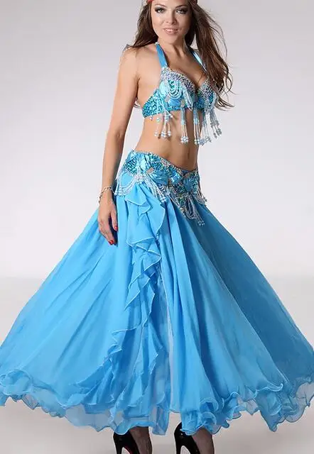Профессиональная женская Одежда для танцев, комплект из 3 предметов: бюстгальтер+ пояс+ юбка для восточных бусин, костюм для танца живота Wj00047 s-xl - Цвет: Небесно-голубой