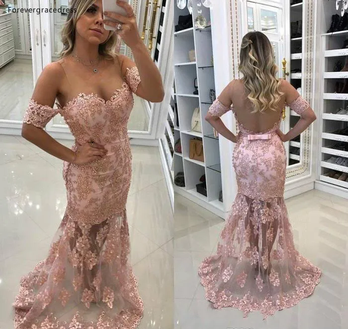 Sexy Sheer Backless Off Shoulder Prom Dresses Pink Appliques Beaded Tulle Floor Length Evening Gowns Mermaid Vestidos BC0495  138 (2)